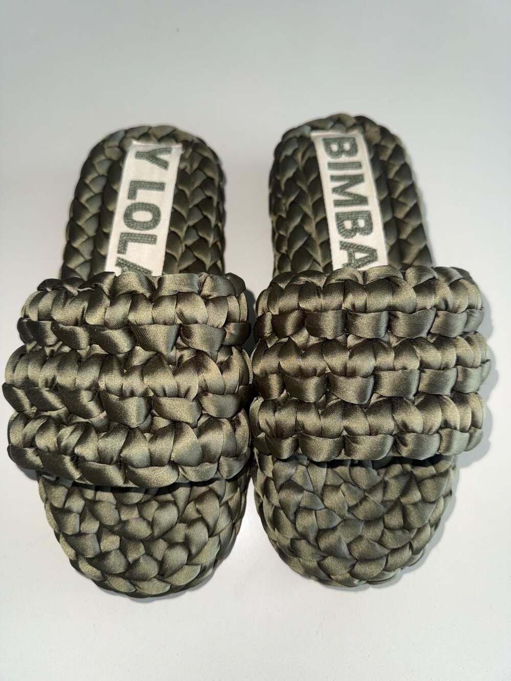 Bimba Y Lola Olive Green Braided Satin Slides Size 37